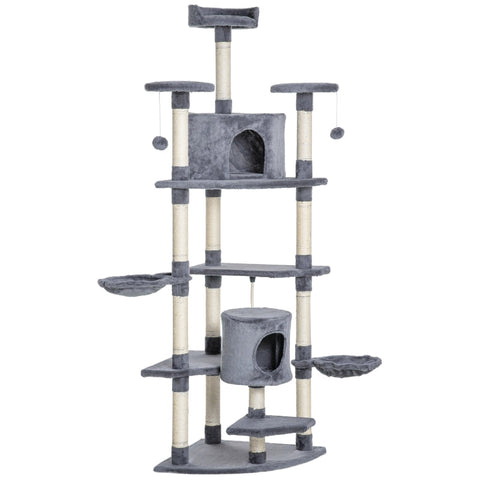 Rootz Scratching Post - With Cat Cave - Cat House - Cat Cage - With 2 Hammocks - Light Gray - 60L x 60W x 200H cm