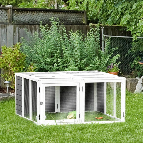Rootz Kaninchenstall – Kaninchenstall für den Außenbereich – mit zu öffnendem Dach – Tannenholz – Grau – 120 cm x 120 cm x 60 cm