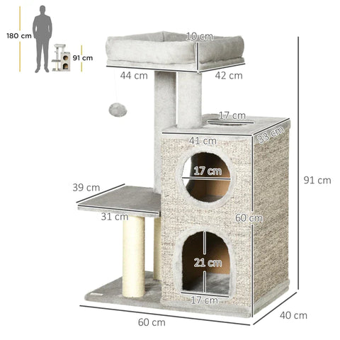 Rootz Scratching Post - Cat Tree - Cat Cave - Cat Bed - With Ball Toy - Light Gray/Natural - 60cm x 40cm x 91cm
