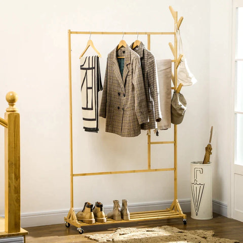 Rootz Kledingrek - Gemaakt van Bamboe - Kapstokhaken - Kledingroede - Broekrek - 1 Plank - 4 Wielen - Naturel - 100L x 37W x 191H cm