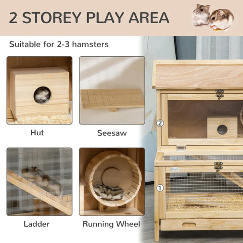Rootz Small Animal Cage - Hamster Cage - Wooden Hamster Cage - Mice Rodent Small Animals Hutch - Double Layers - Exercise Play House - With Sliding Tray - Running Wheel - 63.5 x 62 x 78 cm