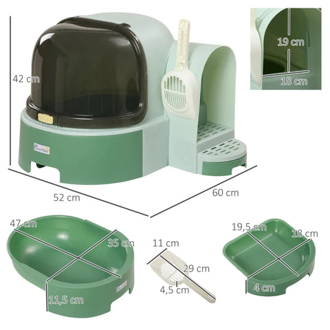Rootz Cat Litter Box - 2 Pull-Out Trays - 1 Shovel - Litter Tray - Removable Hood - Green + Black - 52cm x 60cm x 42cm