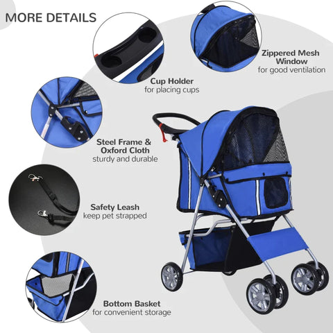 Rootz Dog Stroller - Pet Stroller - Dog Buggy - Dog Stroller For Travel - Foldable Pet Stroller - Dog Travel Buggy - Compact Pet Carriage - Blue - 75L x 45W x 97H cm