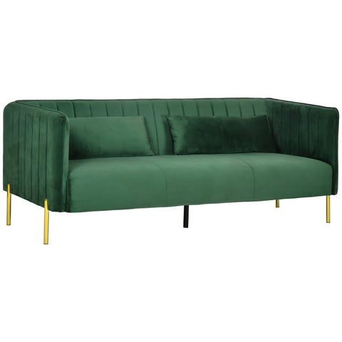 Rootz Sofa - 3 Seater Sofa - Retro Design - Including 2 Sofa Cushions - Velvet Look - Tufting - Green/Gold - 195 cm x 88 cm x 76 cm
