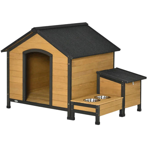Rootz hondenkennel - houten hondenhok - hondenhok - knaagdierhuis - met 2 hondenbakken - weerbestendige hut - dennenhout - natuurlijk hout - 130 x 93 x 92 cm