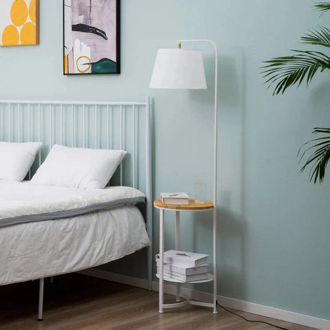 Rootz Floor Lamp - Floor Lamp With 2 Shelves - Indoor Lighting - E27 - Metal - MDF - Terylene Fabric - White - 38 cm x 36 cm x 162 cm