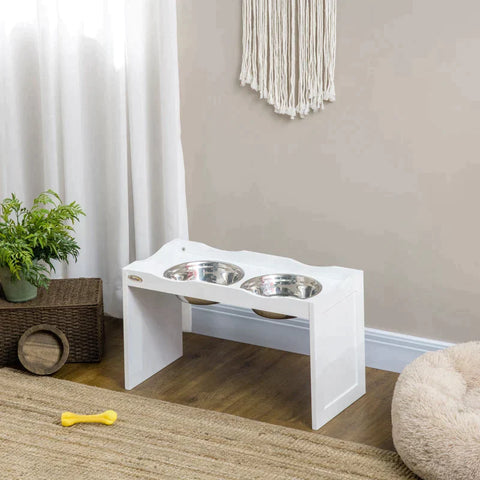 Rootz Feeding Station - Bowl Stand - Dog Feeding Station - 2 Feeding Bowls - For Large Dogs - Stainless Steel/MDF - White - 63 x 30 x 24cm