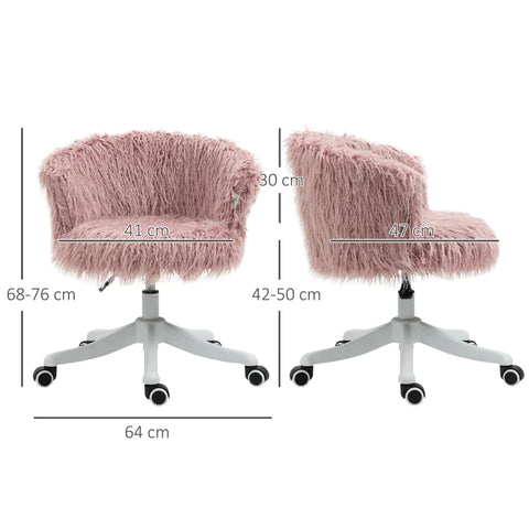 Rootz Office Chair - Boho Style Office Chair - Pink Plush - 360 Degree Swivel - Height Adjustable - Pink + White - 60W x 59D x 68-76H cm