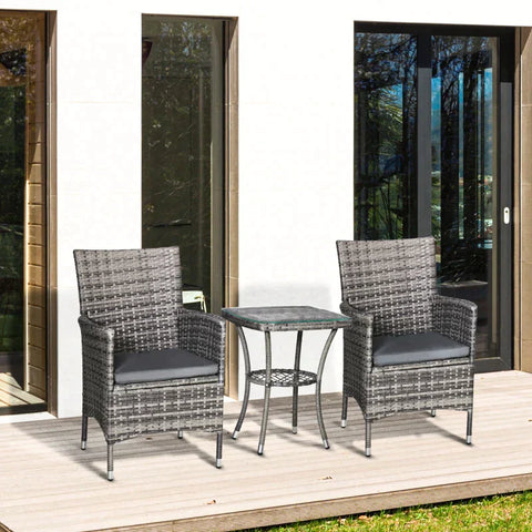 Rootz Rattan-Gartenmöbel-Set mit Beistelltisch – Bistro-Set – Balkonmöbel-Set – Rattan-Garten-Set – Sitzgarnitur mit Sitzkissen – Poly Rattan + Stahl – Dunkelgrau – 60 x 58,5 x 89,5 cm
