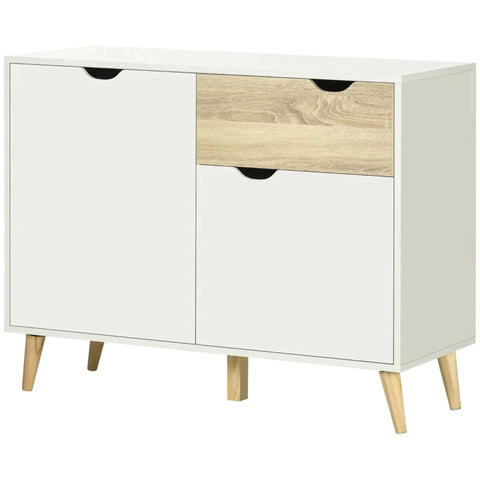 Rootz Storage Cabinet - Chest Of Drawers - Sideboard - 1 Drawer - 2 Cabinet Compartments With Shelves - White + Wood - 98.5 x 39 x 79.5 cm