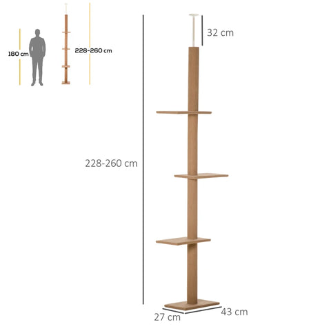 Rootz Scratching Post - Cat Tree - Cat Play Tree - Climbing Tree - Height Adjustable - Light Brown - 43 x 27 x 228-260 cm