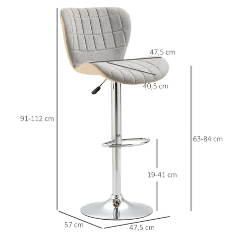 Rootz Bar Stool - Retro Design - Set Of 2 - Height-adjustable - Linen Look - Light Gray + Cream - 47.5L x 57W x 112H cm