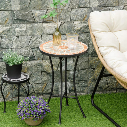 Rootz Garden Table - Side Table - Flower Stool - Plant Stool -  Round Weatherproof Flower Stool - Ceramic/Iron - Yellow/Grey