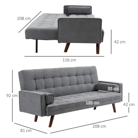 Rootz Sofa Bed - Three-seater Sofa - Sofa - With Sleeping Function - Polyester/Wood - Grey - 208 x 81 x 92 cm