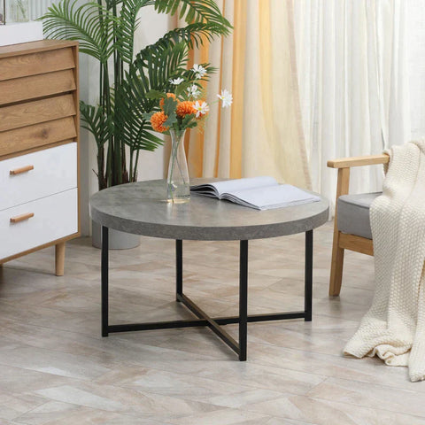 Rootz Couchtisch – Beistelltisch – Rund – Zementoptik – Metallrahmen – Schwarz – 80 x 80 x 45 cm