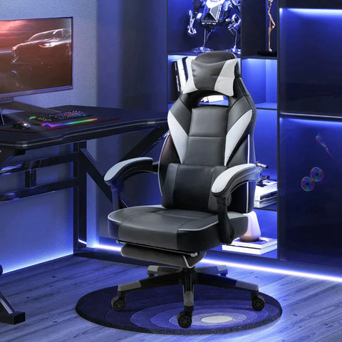 Rootz Gaming Chair - Massage Chair - Office Chair - Swivel Chair - Ergonomic Faux Leather - Foam - Grey+White+Black