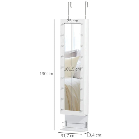 Rootz Jewelry Storage Mirror Cabinet - Wall Mounted Cabinet - Door Hanging with Hooks Shelves Drawer - 18 Lights - Brush Holder - Vanity Makeup - White -
