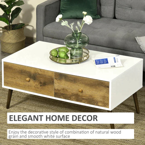 Rootz Coffee Table - Coffee Table With Two Drawers - Side Table - Storage Cabinet - Scandinavian-style - White/Brown - 100 cm x 53.5 cm x 45 cm