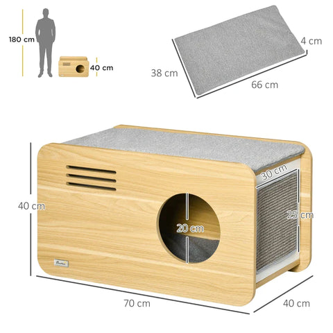 Rootz Cat House - Cat Cave - Lying Area On The Roof - Scratching Wall - For Cats Up To 5kg - Wood + Gray + White - 70 x 40 x 40cm