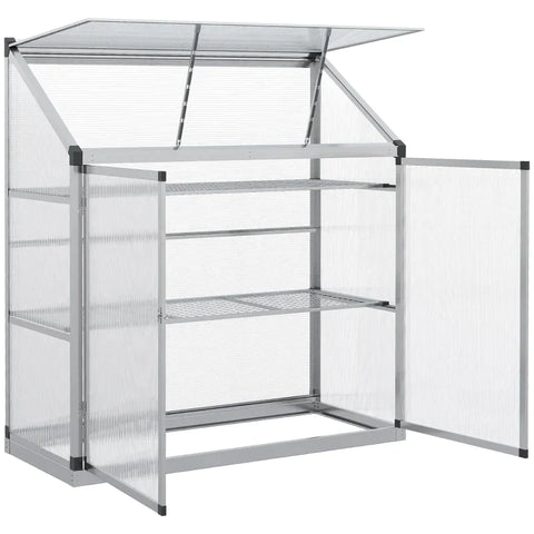 Rootz Greenhouse - 3 Tier Greenhouse - Greenhouse With Foundation Frame - Polycarbonate Housing - 2 Shelves - Aluminum Frame - Silver- 131 x 58 x 139.5 cm