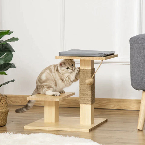 Rootz Wooden Scratching Post - Cat Tree - Climbing Tree With Jute - Cat Furniture - Scratching Board With Cushion - 2 Platforms - Stable Cat Toy - Natural - 40 x 40 x 43 cm
