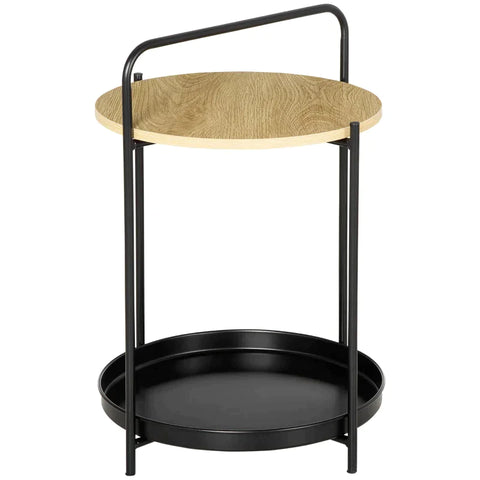 Rootz Side Table - Industrial Design - 2-in-1 Function Incl. Tray - Steel Pipe - Chipboard - Black + Natural - 43.5L x 42.5W x 60H cm