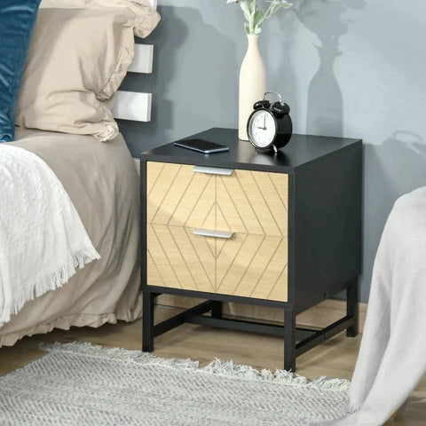 Rootz Bedside Table - 2 Large Drawers - Retro Antique Style - Bedroom - Living Room - Chipboard - Metal - Black + Natural - 40 cm x 36 cm x 48.5 cm