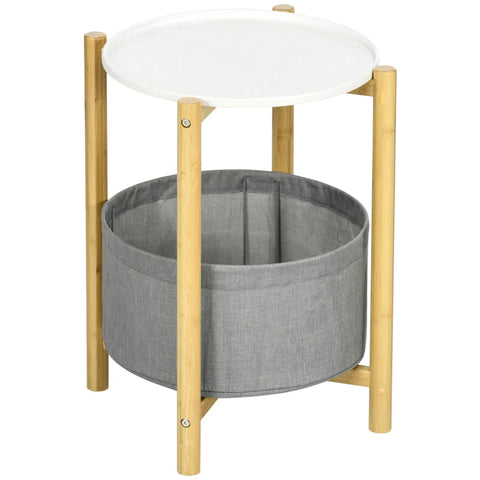 Rootz Side Table with Removable Tray - 1 Storage Basket - Bamboo - White + Natural + Gray - 45cm x 45cm x 54cm
