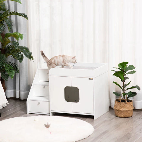 Rootz Cat Cabinet For Cat - Toilet Litter Box With 3 Steps Of Stairs - Cat House - Cat Caves - Cat Cabinet For Cat - Bed With Door Opening - White - 90 x 48 x 59 cm