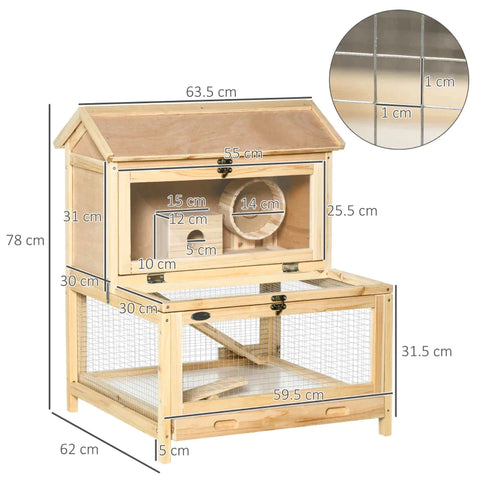 Rootz Small Animal Cage - Hamster Cage - Wooden Hamster Cage - Mice Rodent Small Animals Hutch - Double Layers - Exercise Play House - With Sliding Tray - Running Wheel - 63.5 x 62 x 78 cm