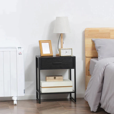 Rootz Bedside Table - End Table -  Industrial Design - 1 Drawer - Steel - Engineered Wood - Black - 45 cm x 30 cm x 55 cm