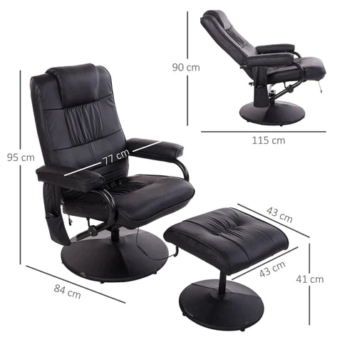Rootz Relaxation Chair - Massage Chair - Relaxation Lounger With Reclining Function - TV Chair With Massage Function - Including Stool - Imitation Leather - Black - 77 x 84 x 95 cm