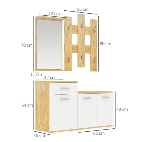 Rootz 3 Pcs. Wardrobe - With Mirror - 6 Double Hooks - Two Shoe Cabinets - Seat - Wood Look + White - 104 x 35 x 64 cm