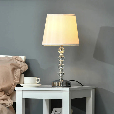 Rootz Table Lamp - Fabric Lampshade - Touch Sensor - USB Port - Crystal E27 - Living Room - Bedroom - Dining Room - White + Silver - Ø23 x 45H cm