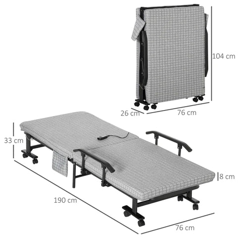 Rootz Folding Bed - Guest Bed - Reclining Backrest & Footrest With Remote Control - Grey + Black - 190 x 76 x 33 cm