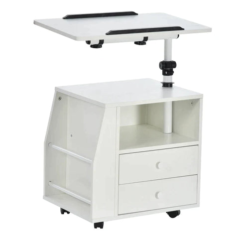 Rootz Side Trolley - Side Table - Flexible Tabletop - 2 Drawers - Newspaper Compartment - 4 Wheels - White - 60 x 40 x 90 cm