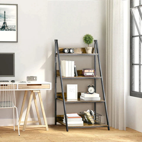 Rootz Ladder Shelf - Storage Rack - Free-standing Ladder Shelf - Industrial Design 4 Shelves - Chipboard/Steel - Brown/Black - 63.5 cm x 44 cm x 121 cm