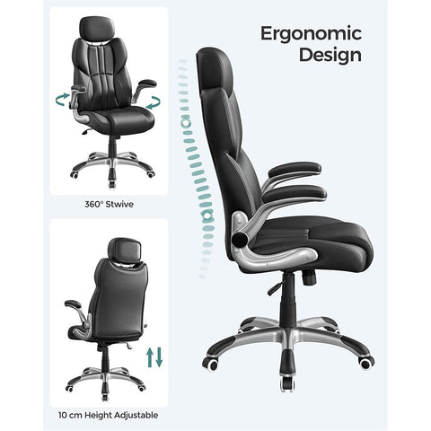Rootz Office Chair - Office Chair With Folding Armrests - Ergonomic Office Chair - Adjustable Swivel Chair - Modern Desk Chair - Armrest Office Chair - Plywood - Black - 70 x 72 x (119-129) cm (L x W x H)