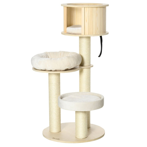 Rootz Scratching Post - Cat Tree - Climbing Tree - With Cat Cave - Sisal Posts - With Play Balls - Natural/Cream - 59.5 x 59.5 x 122 cm