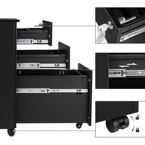 Rootz Mobile Container - Mobile Container With Wheels And Lock - File Cabinet - Office Container - Office Cabinet - Storage Container - Black - 30 x 45 x 60 cm (L x W x H)