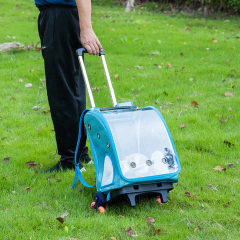 Rootz Pet Trolley - 2 in 1 Design Pet Backpack - Pet Carrier Bag - Safety Leash - Oxford Fabric - Blue - 34L x 30W x 54H cm