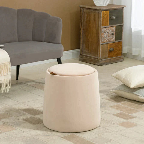 Rootz 2-in-1 Stool - Coffee Table - Velvet Look - Including Storage Space And Removable Lid - Beige - Ø44 cm x 47.5 cm