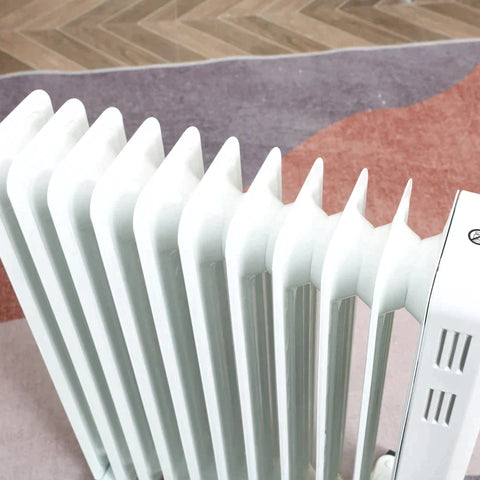 Rootz Oil Radiator - Portable Electric Radiator - 3 Heating Levels - 24-hour Timing Electric Heating - 11 Heating Plates With 4 Rollers - White - 50.5 x 24 x 63 cm