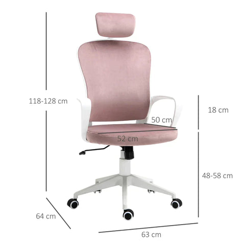 Rootz Office Chair - Ergonomic Swivel Chair - Desk Chair - With Rocker Function - Ergonomic Chair -  Height-adjustable - With Armrests Headrest - Velvety Polyester - Pink - 63 X 64 X 118-128 Cm