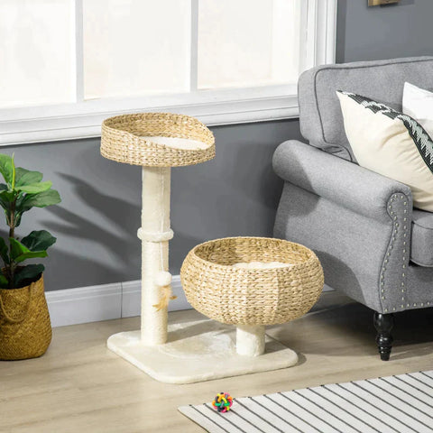 Rootz Scratching Post - Two Cat Beds - With Washable Cushions - Two Scratching Posts - Toy Ball - Beige/Cream White - 48 x 48 x 72cm
