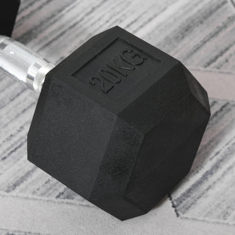 Rootz Hexagon - Dumbbell - Cast Iron Dumbbell - Rubber Dumbbell - Handle Knurled - Weights - Metal - Rubber - Black - 1 x 20 KG