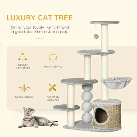 Rootz Scratching Post - Cat Climbing Tower - Cat Tree - Cat Cave - Cat Bed - With Hanging Ball - Light Grey - 60cm x 40cm x 115.5cm