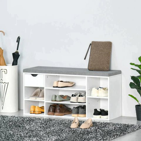 Rootz Shoe Bench - Shoe Storage Bench - Shoe Bench With Cushion - 7 Compartments - Adjustable Shelves - White/Grey - 101 cm x 29 cm x 47.5 cm