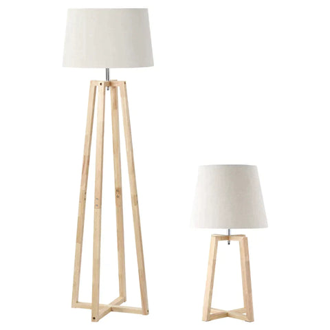 Rootz Floor Lamp - Table Lamp - Bedside Lamp - Desk Lamp - Set Of 2 Wooden Floor Lamp - Canvas Fabric - Bedroom - Living Room - White + Nature - 44 cm x 44 cm x 149 cm