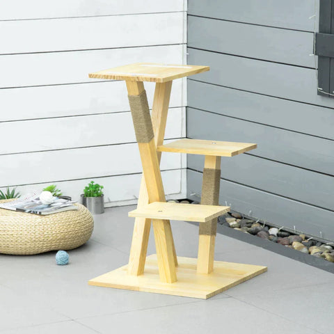 Rootz krabpaal - houten krabpaal - krabpaal - klimboom met jute - kattenmeubel - krabplank met kussen - 3 plateaus - stabiel kattenspeelgoed - naturel - 48 x 48 x 78 cm